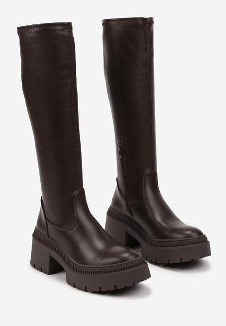 Brązowe Kozaki na Obcasie Typu Słupek z Wysoką Dopasowaną Cholewką Laoliana