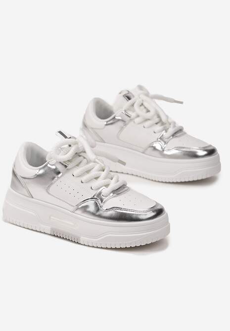 Biało-Srebrne Sneakersy na Platformie Wiązane na Szerokie Sznurowadła Viletra
