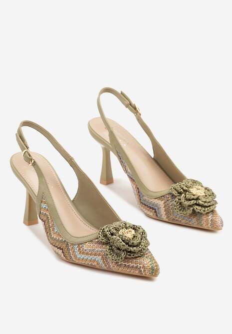 Zielone Plecione Sandały na Szpilce z Odkrytą Piętą i Kwiatową Aplikacją Sillifia