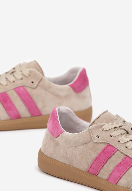 Beżowo-Różowe Płaskie Sneakersy z Wkładką ze Skóry Naturalnej Ozdobione Paskami Neladria
