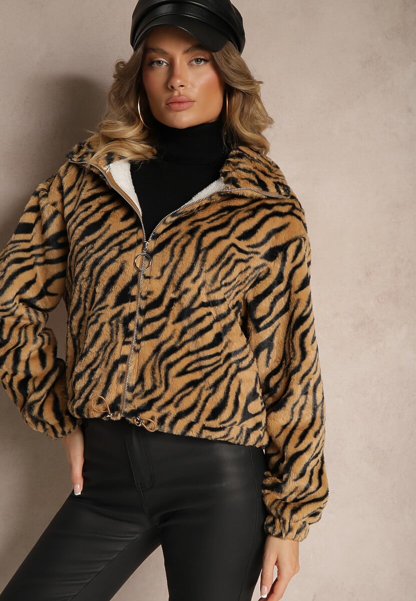 Beżowa Kurtka Futerko w Zebrowy Print ze Ściągaczem i Kieszeniami Felremi