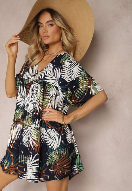 Biało-Granatowa Sukienka o Rozkloszowanym Kroju z Falbanką i Trójkątnym Dekoltem Tiamaya