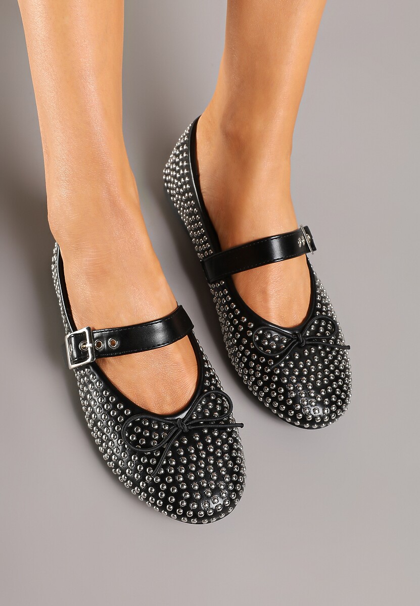 Czarne Balerinki Mary Jane Ozdobione Kokardą i Cyrkoniami Lurisellia