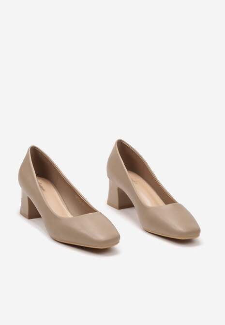 Ciemnobeżowe Casualowe Czółenka na Słupku z Kwadratowym Noskiem Brannessa