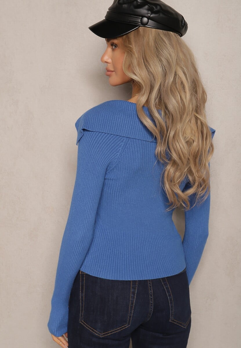 Niebieski Prążkowany Kardigan o Dopasowanym Kroju z Szerokim Kołnierzem i Zapięciem na Suwak Zinmare