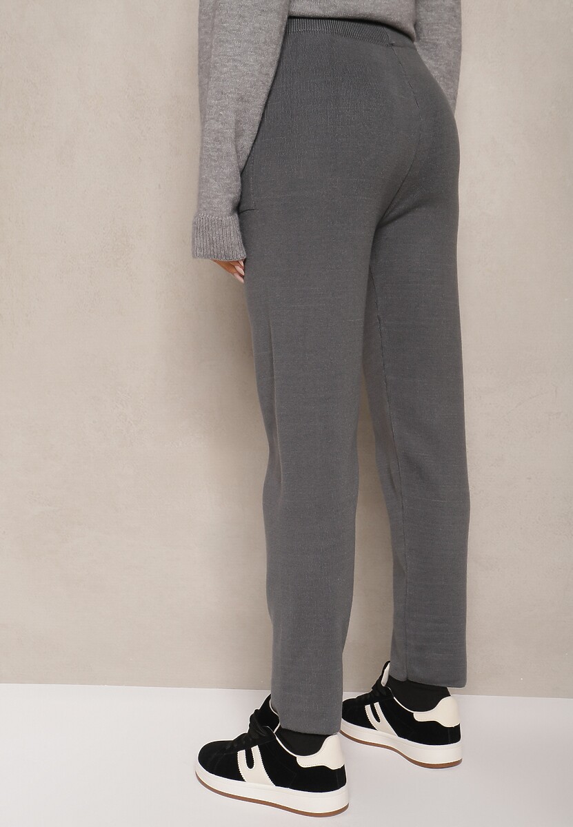 Ciemnoszare Spodnie z Bawełną High Waist Ozdobione Sznurkiem Venaline