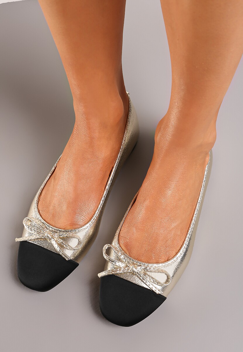 Złote Połyskujące Balerinki z Brokatową Kokardką i Kontrastowym Noskiem Saisa