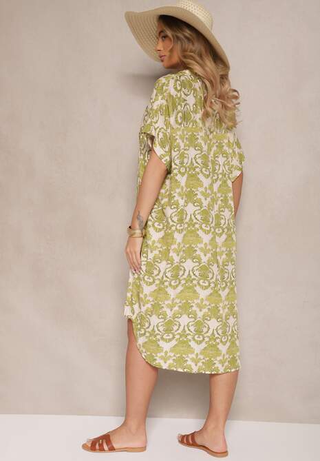 Ciemnozielona Wiskozowa Sukienka o Koszulowym Kroju w Ornamentalny Wzór Inisaria