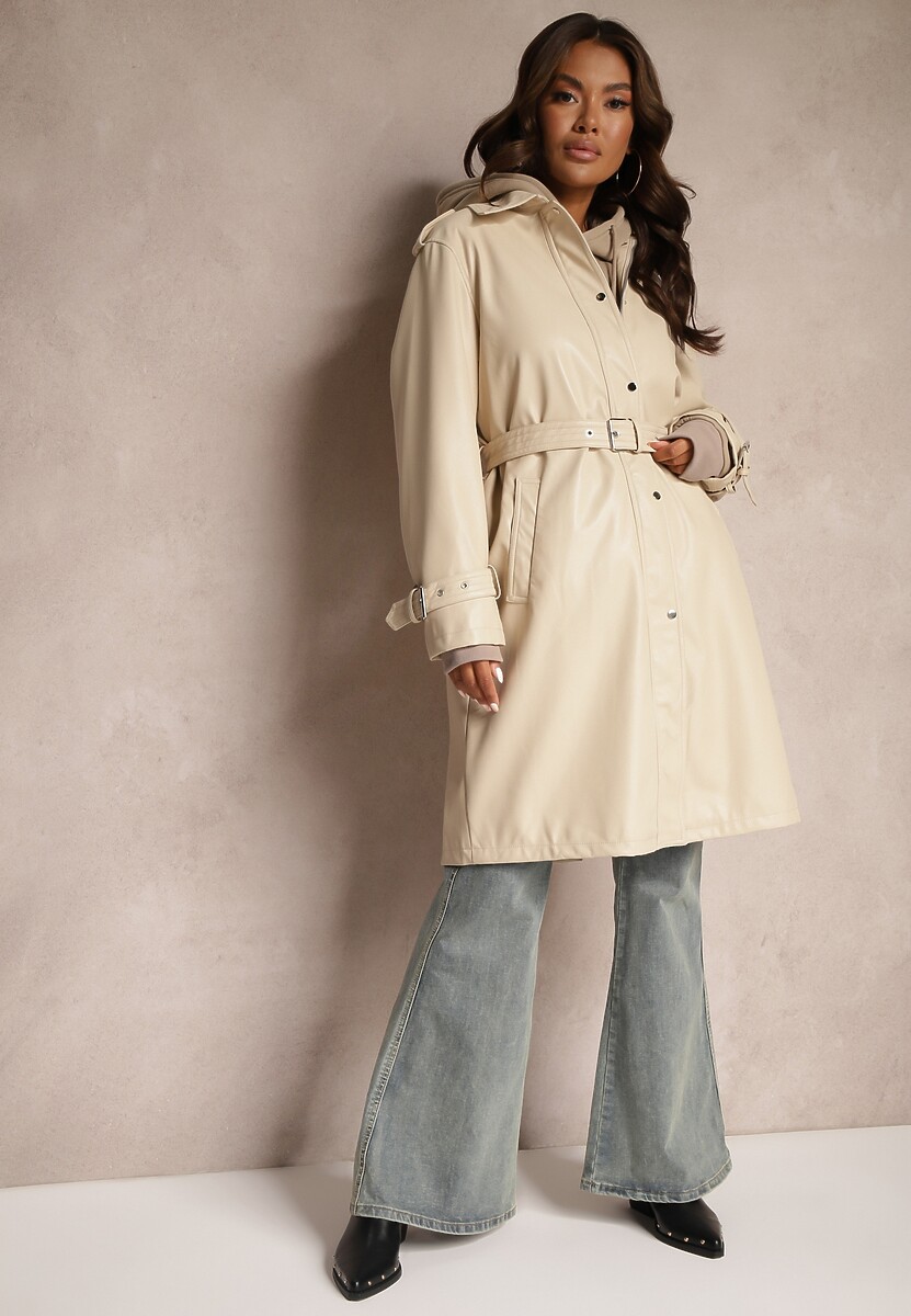 Beżowy Płaszcz Trencz z Paskiem w Talii i Kieszeniami Mailora