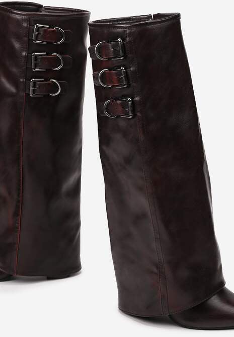 Bordowe Kozaki na Słupku z Wywiniętą Cholewką Klamrami i Paskami Renniel