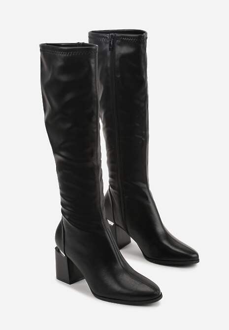 Czarne Klasyczne Kozaki VICES na Słupkowym Obcasie z Metaliczną Aplikacją Rannora