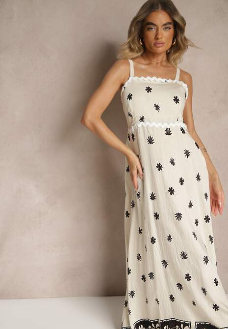 Beżowa Sukienka z Wiskozy Ozdobiona Geometrycznym Motywem Lunessa