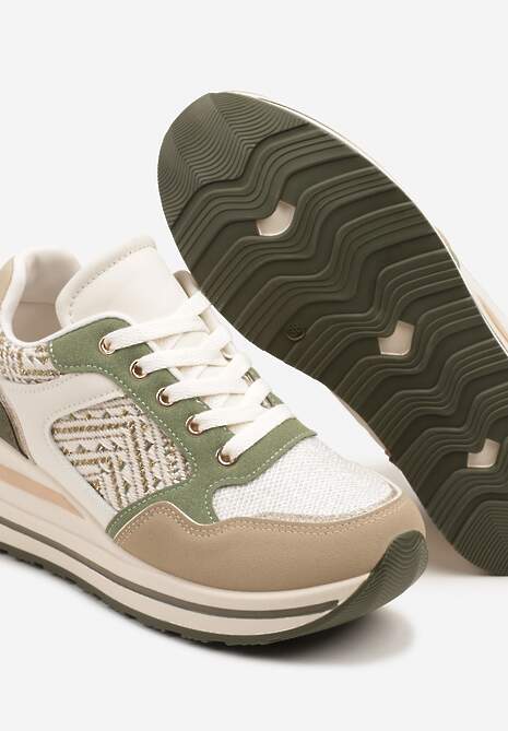 Ciemnobeżowe Sneakersy na Koturnie z Geometrycznym Wzorem i Brokatem Tillineira