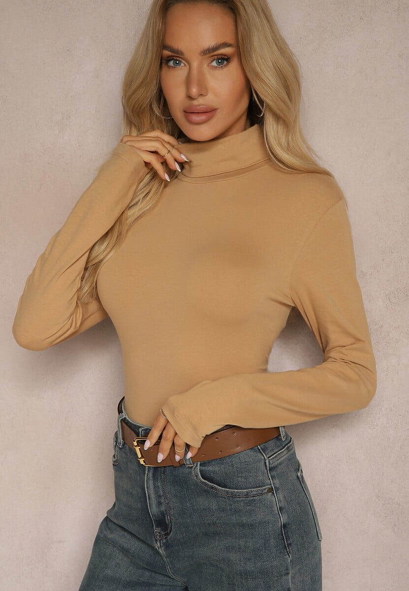 Ciemnobeżowa Bluzka z Bawełny z Golfem Nerisja