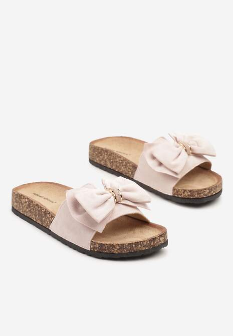 Różowe Klapki na Korkowej Podeszwie Ozdobione Kokardą Amondora