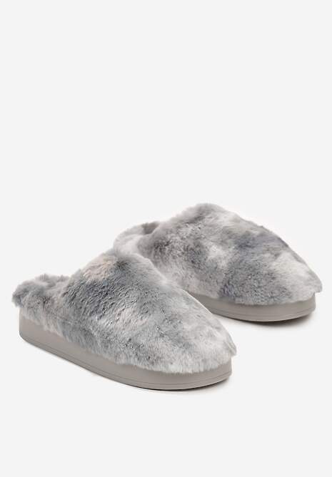 Szare Kapcie na Płaskiej Podeszwie z Futerkiem Leranna