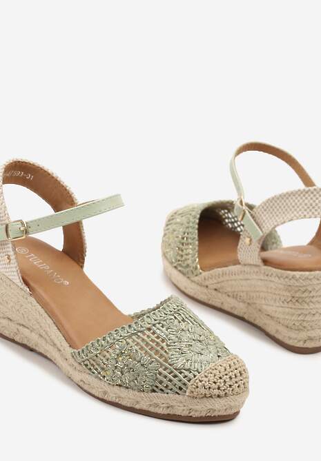 Zielone Sandały Boho z Ażurową Cholewką na Plecionym Koturnie Tenavinea