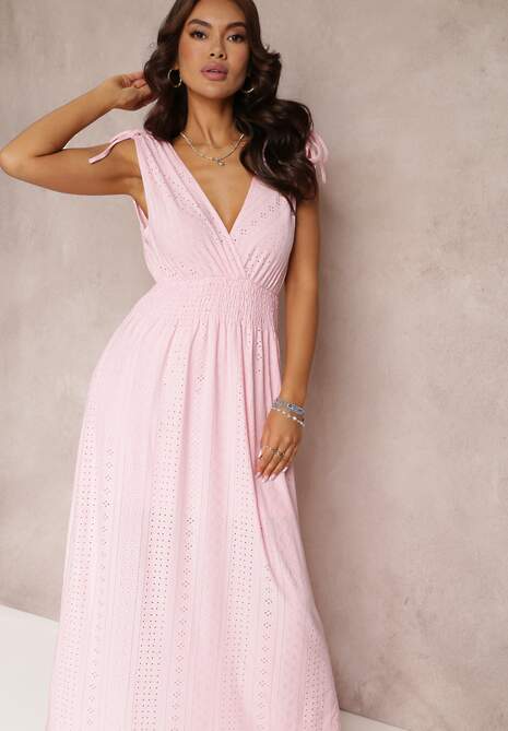 Różowa Sukienka Rozkloszowana z Kopertowym Dekoltem Elices