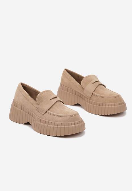 Ciemnobeżowe Mokasyny na Platformie z Tłoczeniem Ozdobione Paskiem Fonirea