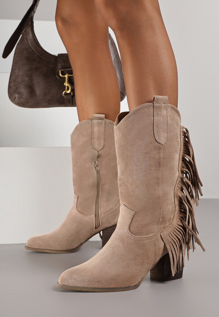 Beżowe Botki Kowbojki na Stożku z Frędzlami przy Cholewce Reinia