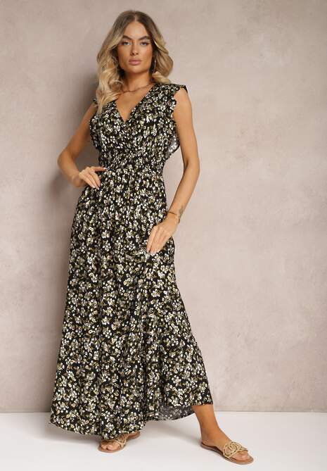 Czarno-Żółta Sukienka z Wiskozy o Rozkloszowanym Kroju z Gumką w Pasie i Falbankami Xardia