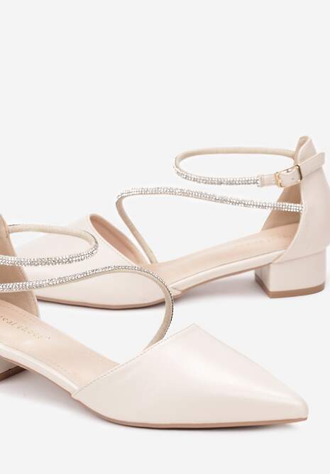 Beżowe Płaskie Czółenka z Cyrkoniami i Noskiem w Szpic Brilnu