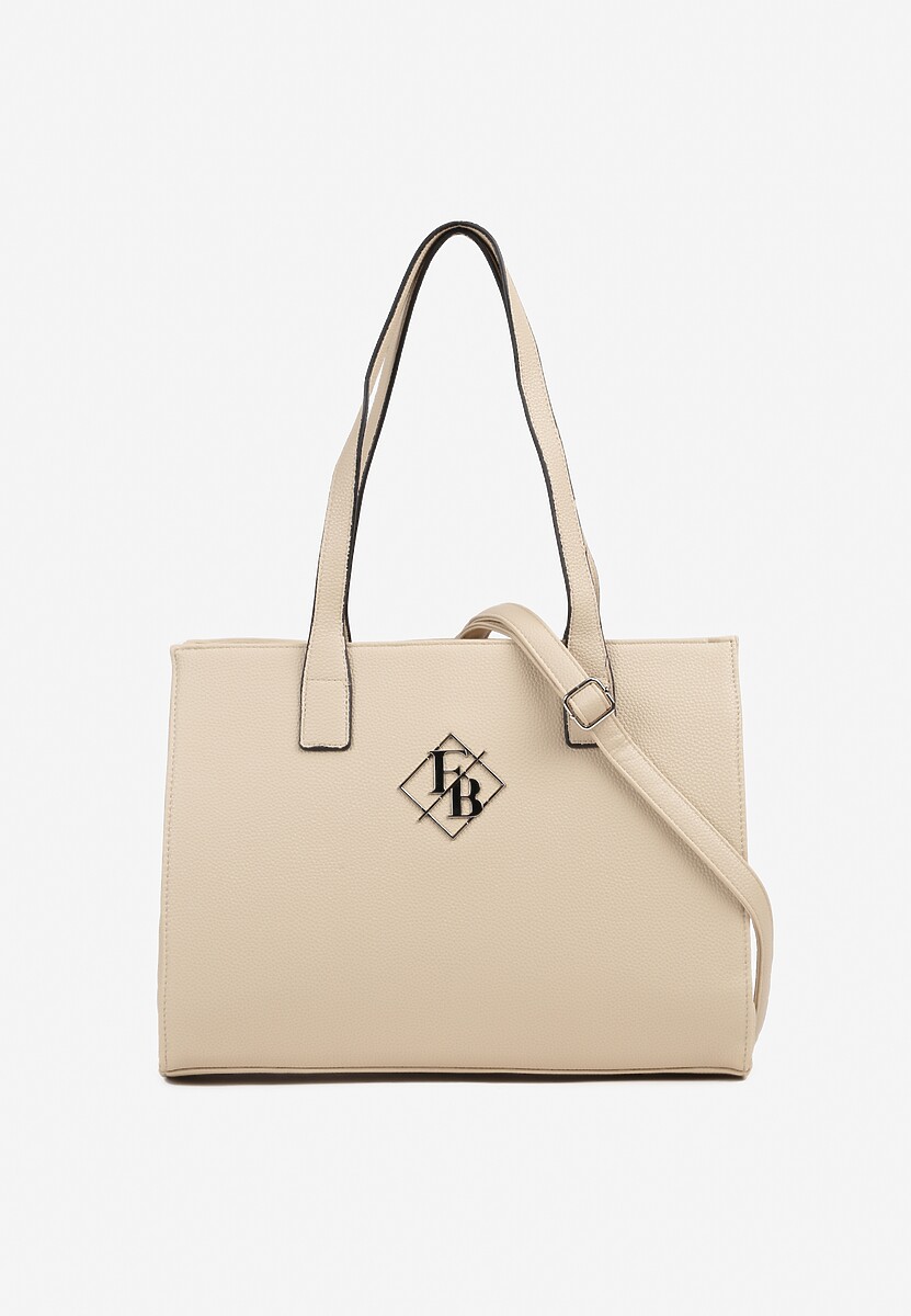 Beżowa Torebka w Stylu Shopperki Ozdobione Metaliczną Aplikacją Honevia