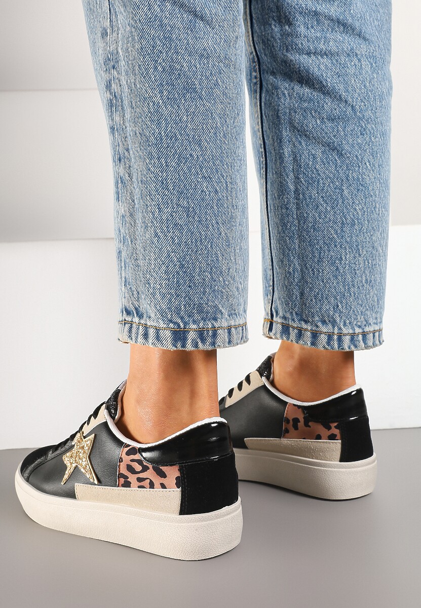 Czarne Sneakersy na Niskiej Platformie z Brokatowymi Zdobieniami Felaven