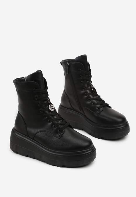 Czarne Botki Workery na Platformie ze Skóry Naturalnej Vernica