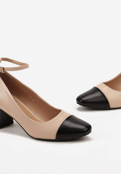 Beżowe Czółenka na Słupku z Noskiem Typu Migdał i Sprzączką Haraldia