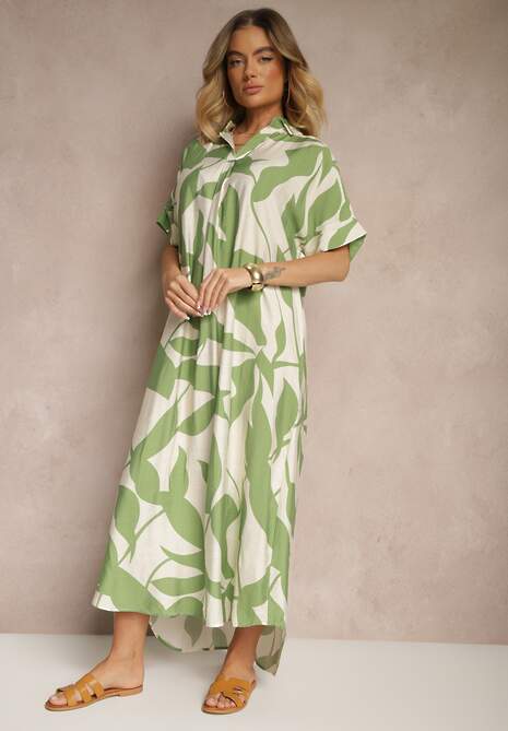 Jasnozielona Rozkloszowana Sukienka w Abstrakcyjny Wzór z Bawełną Telianiela