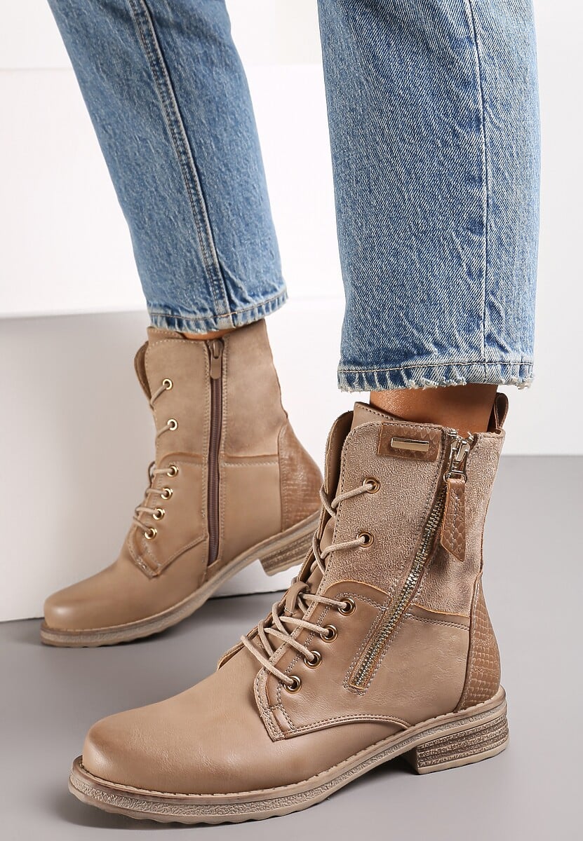 Beżowe Botki z Ozdobnym Suwakiem i Sznurowaniem Sanara