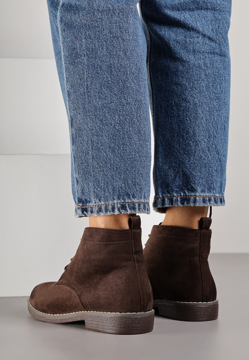 Ciemnobrązowe Botki Vices o Klasycznym Fasonie Trzewików z Imitacji Zamszu Ativitta