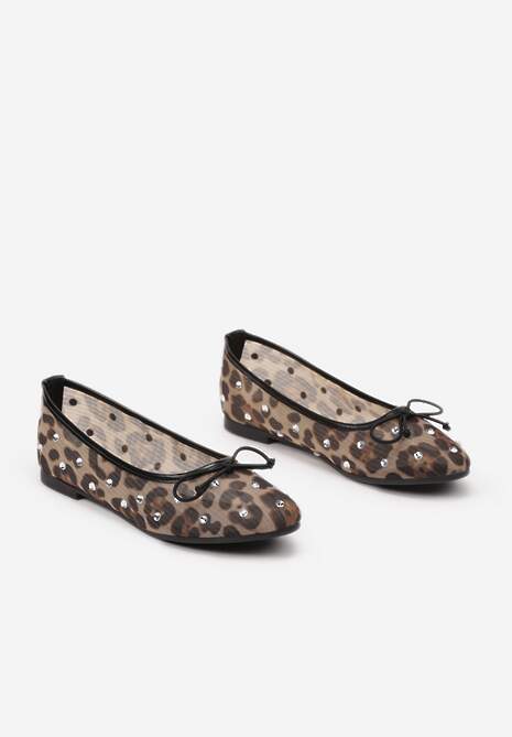 Brązowe Siateczkowe Balerinki na Płaskiej Podeszwie z Cyrkoniami i Koronką Froresi