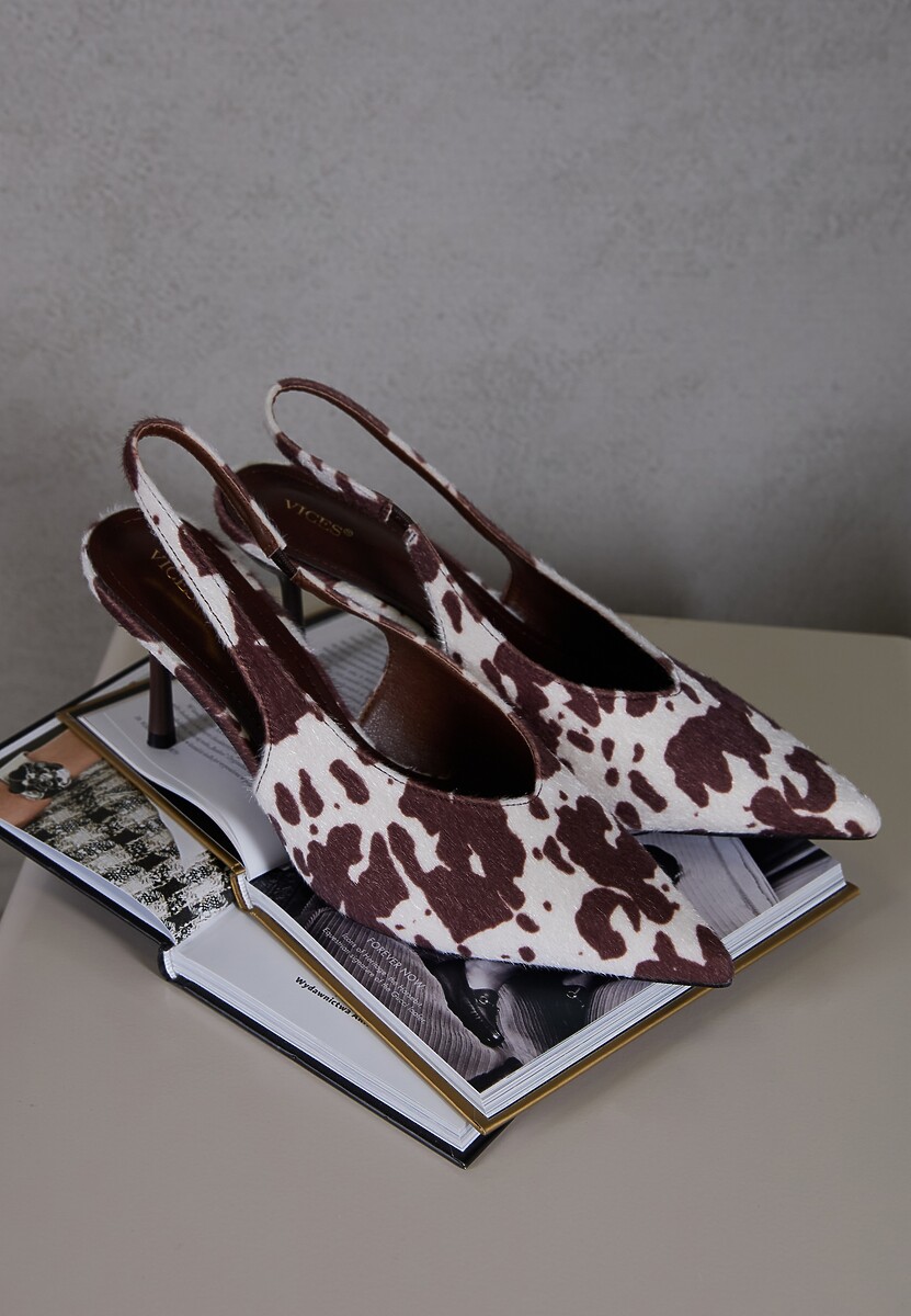 Brązowe Czółenka Sandały Slingback Vices w Krowie Łaty na Obcasie Typu Szpilka Tilionea