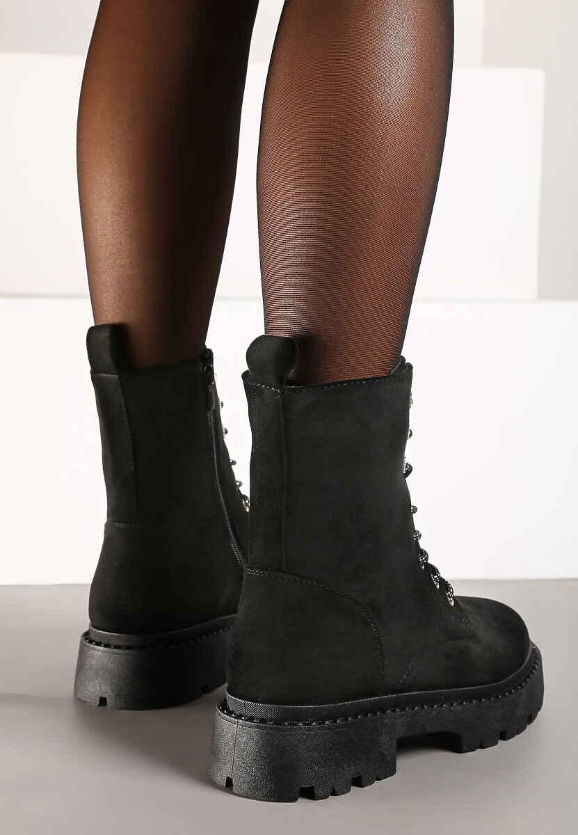 Czarne Botki Workery z Ekozamszu na Płaskiej Podeszwie Wykończone Cyrkoniami Lerissna