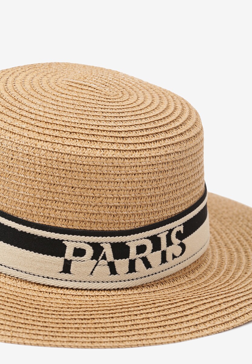 Ciemnobeżowy Kapelusz z Plecionki z Tasiemką i Napisem Kollasea
