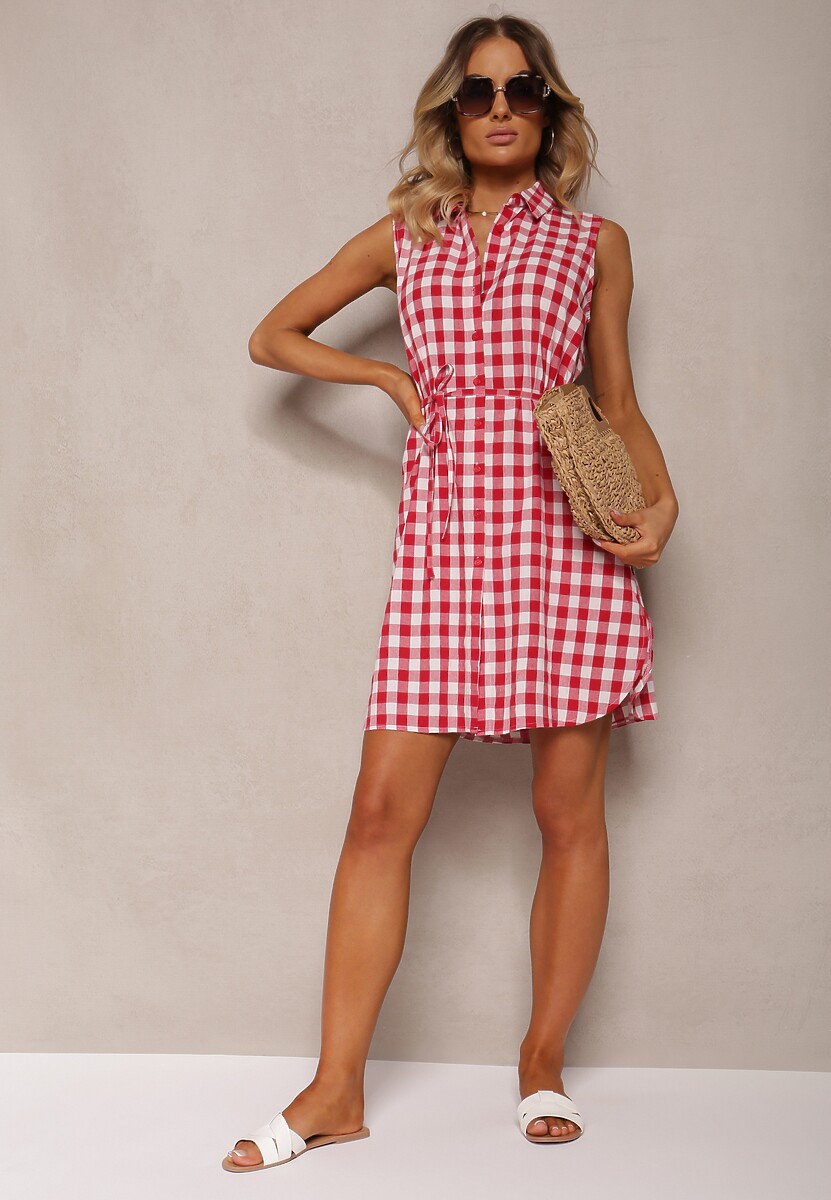 Czerwono-Biała Wiskozowa Sukienka o Koszulowym Kroju Wiązana w Pasie Rivalea