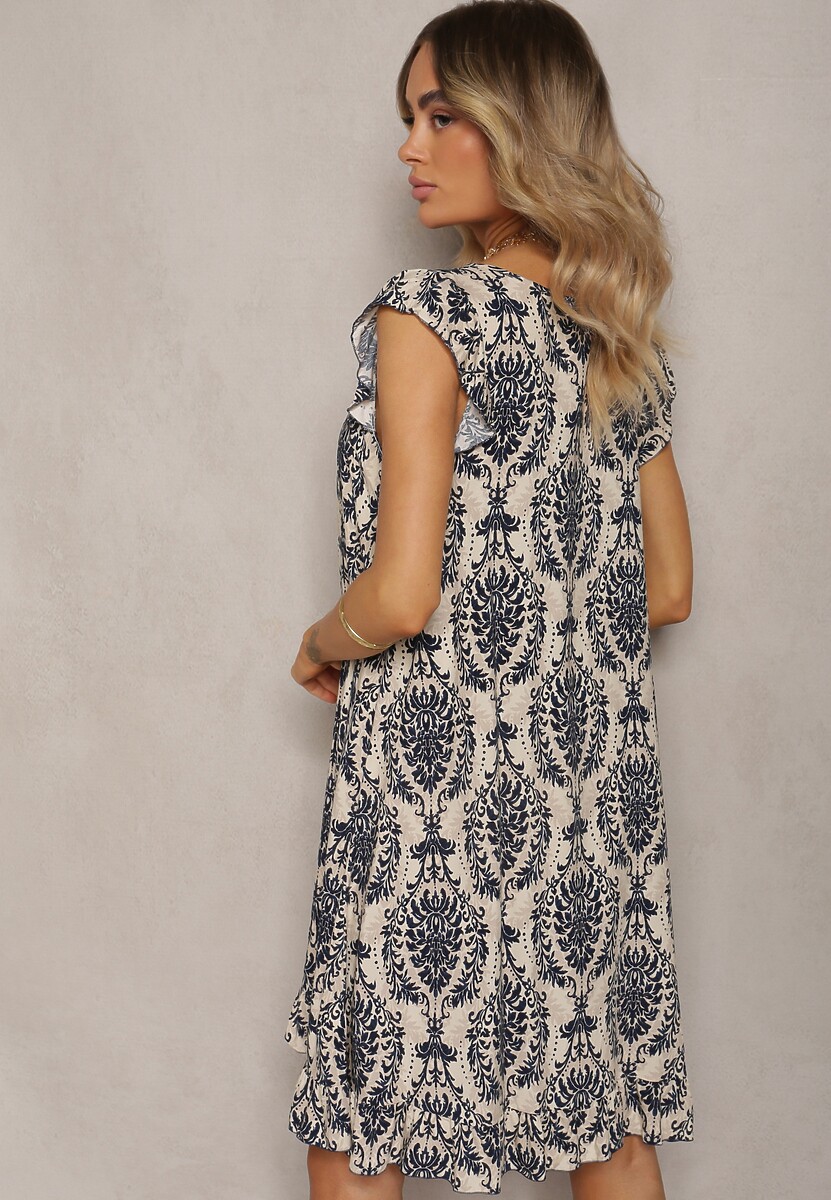 Granatowo-Beżowa Boho Sukienka z Bawełny na Ramiączkach Ozdobiona Falbanką Testalaya