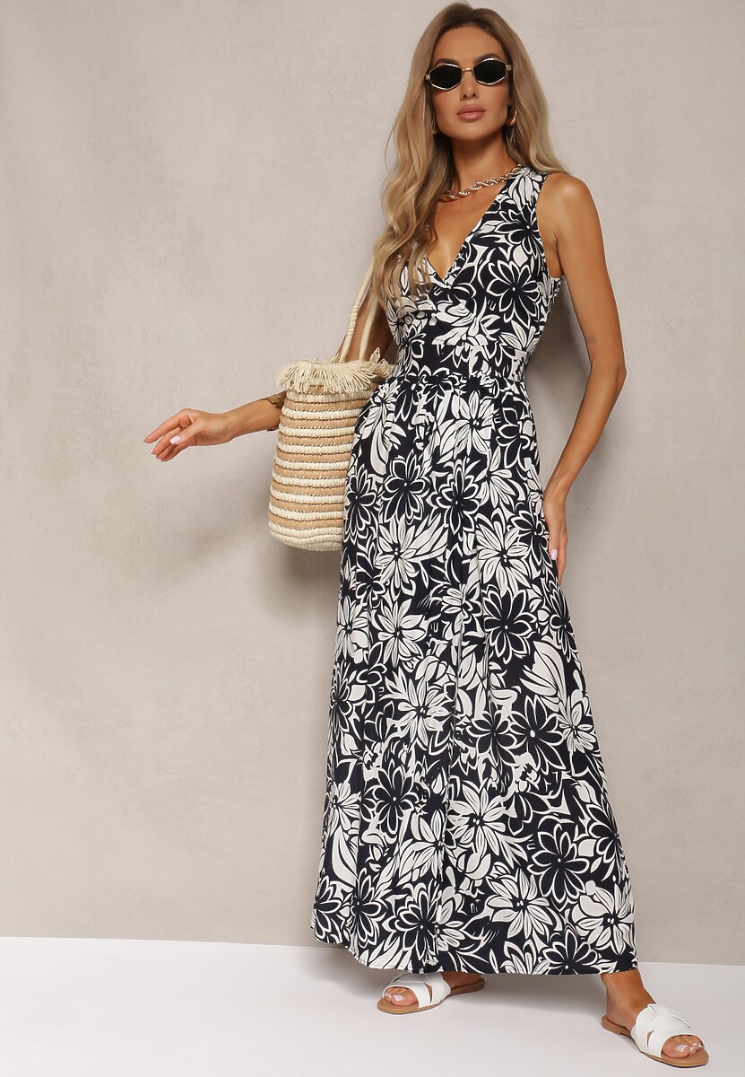 Czarna Kopertowa Sukienka z Wiskozy z Wiązaniem i Gumką w Pasie Vikissima