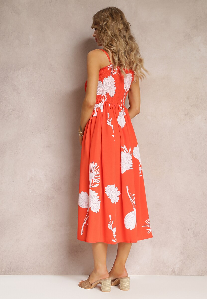 Pomarańczowa Rozkloszowana Sukienka w Kwiaty Cronida