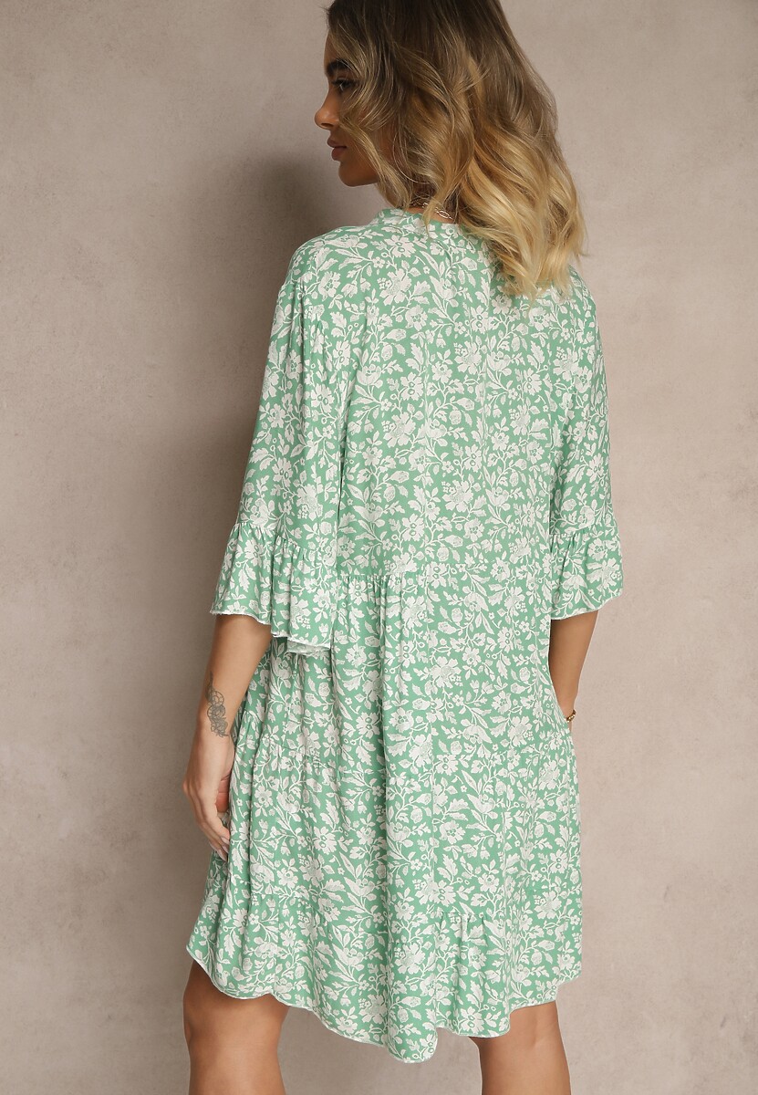 Zielona Rozkloszowana Sukienka z Bawełny Zdobiona Kwiatowym Wzorem Jenelitia