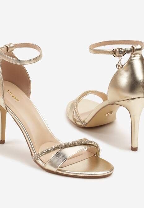 Złote Sandały na Szpilce Vices Ozdobione Paskiem z Cyrkonii Linarunia