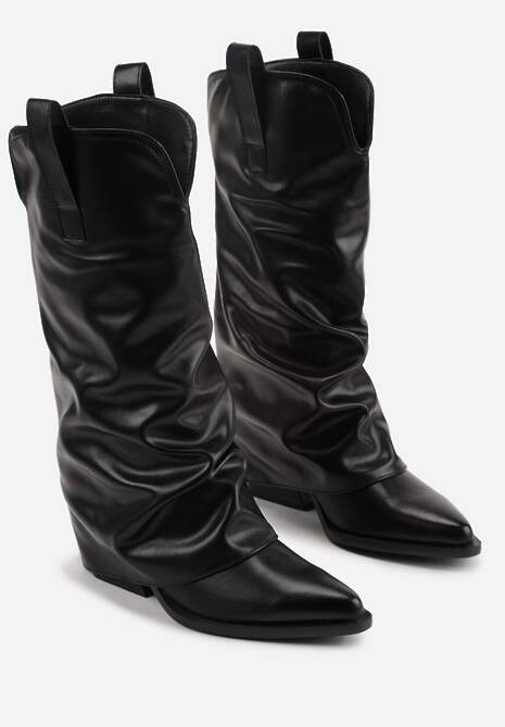 Czarne Kozaki Kowbojki na Stożku z Wywiniętą Marszczoną Cholewką Escana