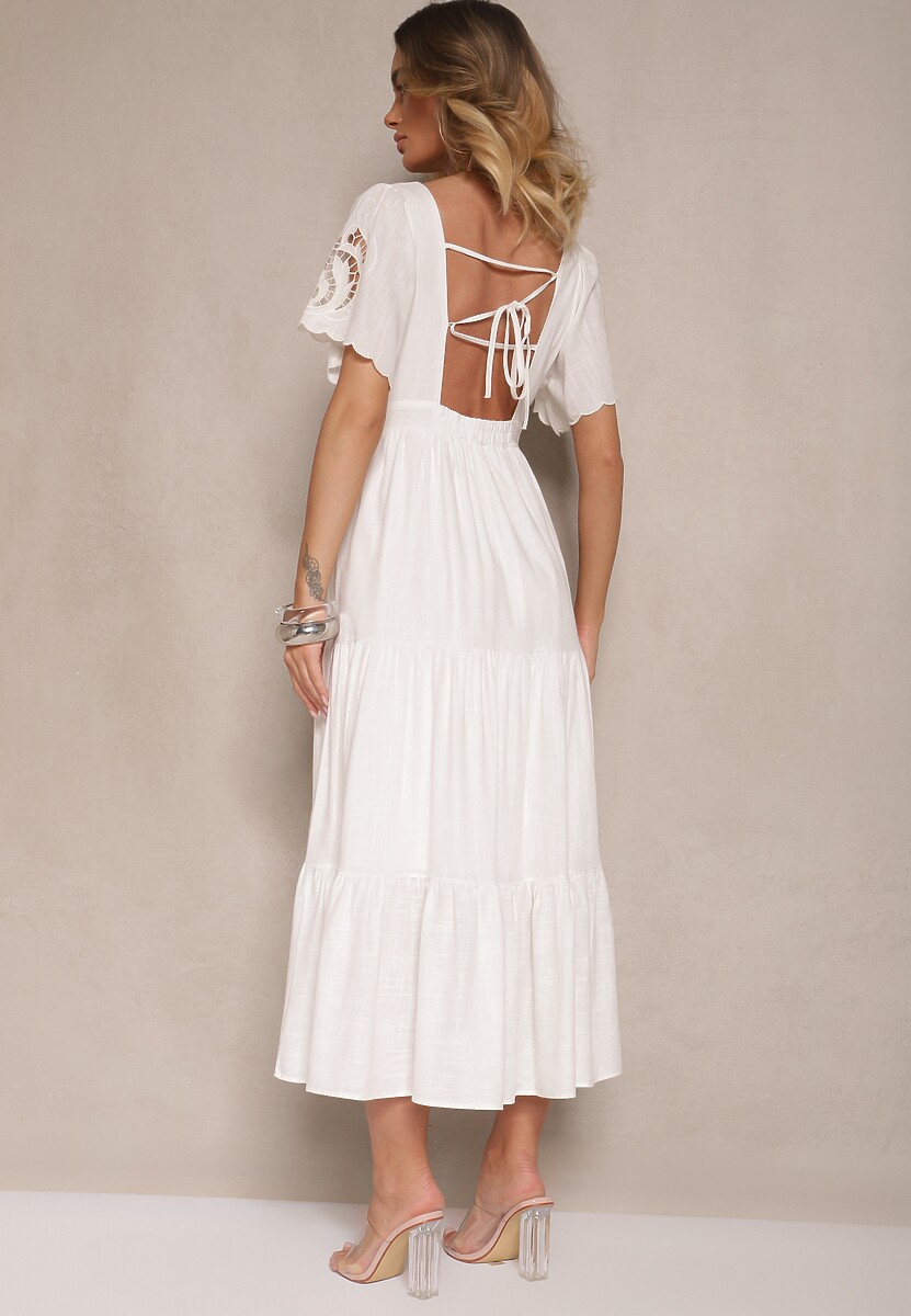 Biała Rozkloszowana Sukienka z Lnu i Wiskozy Zdobiona Wiązaniem i Haftem Avelzeri