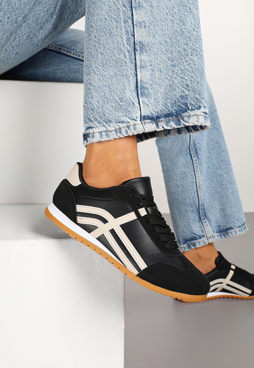 Czarne Sneakersy Klasyczne Tenisówki Zdobione Przeszyciami Ellexia