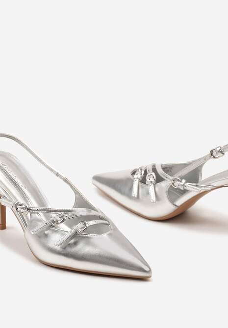 Srebrne Sandały na Cienkiej Szpilce z Imitacji Skóry z Regulowanymi Paskami Vianara