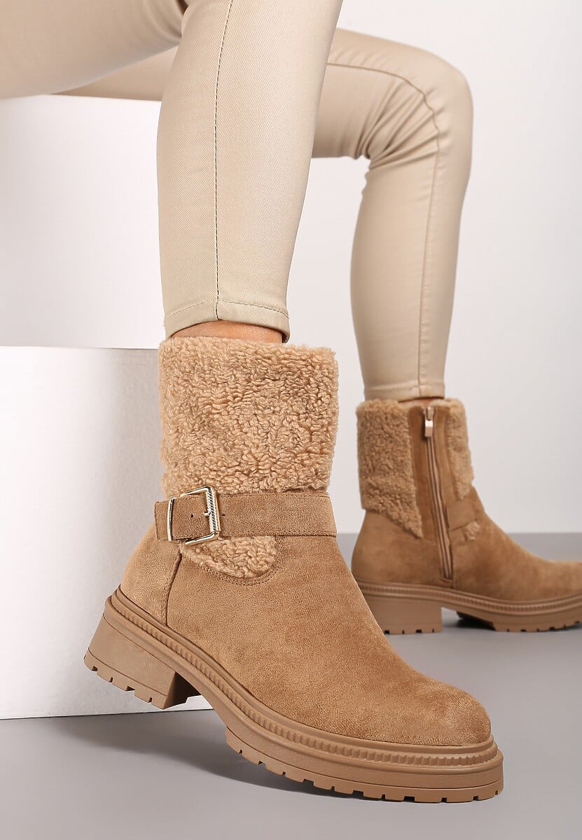 Brązowe Botki Bikery na Płaskiej Podeszwie Ozdobione Klamrą i Paskiem Nelabia