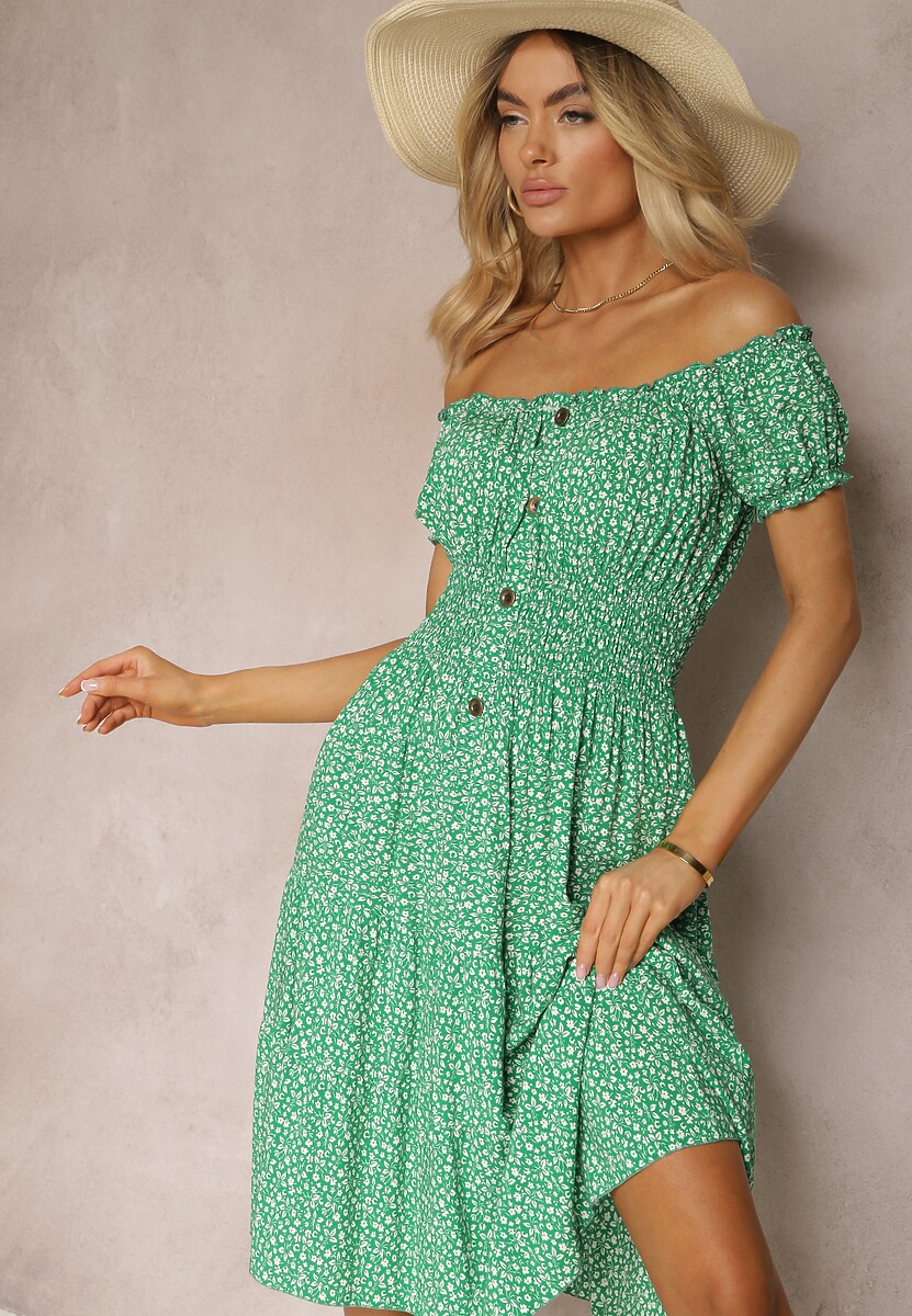 Zielona Kwiecista Sukienka z Bawełny z Gumkami w Pasie Herata