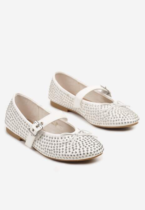 Białe Balerinki Mary Jane Ozdobione Kokardą i Cyrkoniami Lurisellia